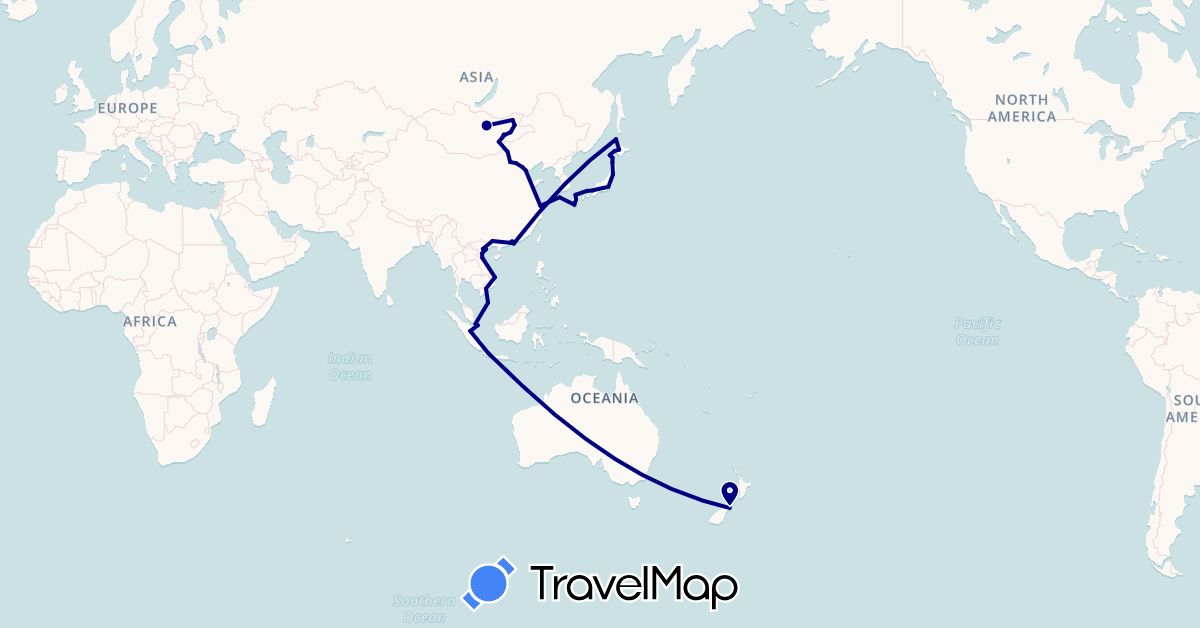 TravelMap itinerary: driving in China, Hong Kong, Indonesia, Japan, South Korea, Mongolia, New Zealand, Singapore, Vietnam (Asia, Oceania)